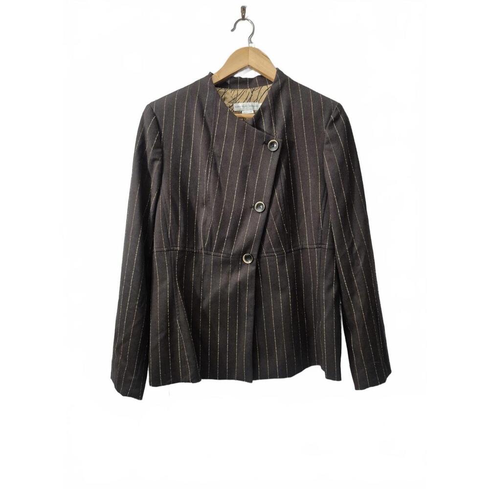 Garfield & Marks Ladies Brown Tan Pinstripe Blazer Asymmetrical 3 Button Front C